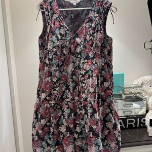 Lucky Brand Black Floral Tiered V-Neck Mini Dress with Pink and Blue Blooms